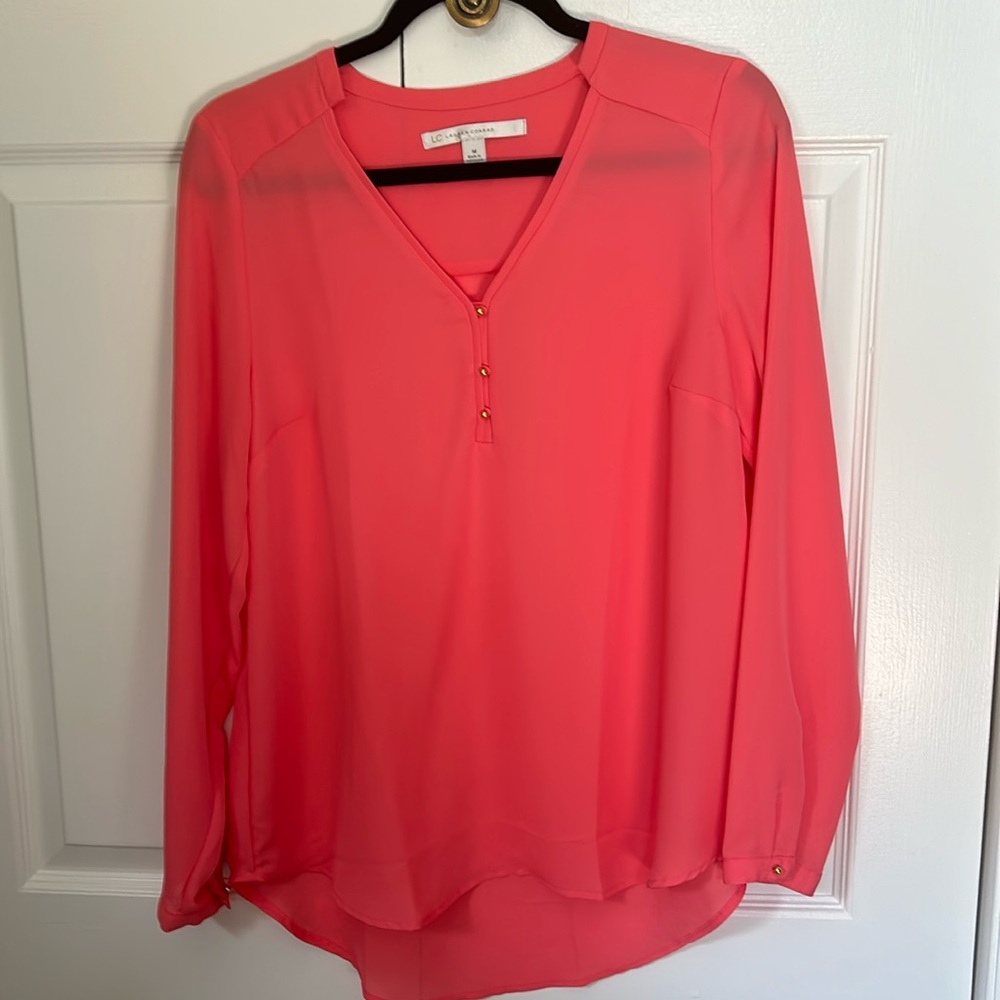 Long sleeved shear v-neck Lauren Conrad Coral blouse size M